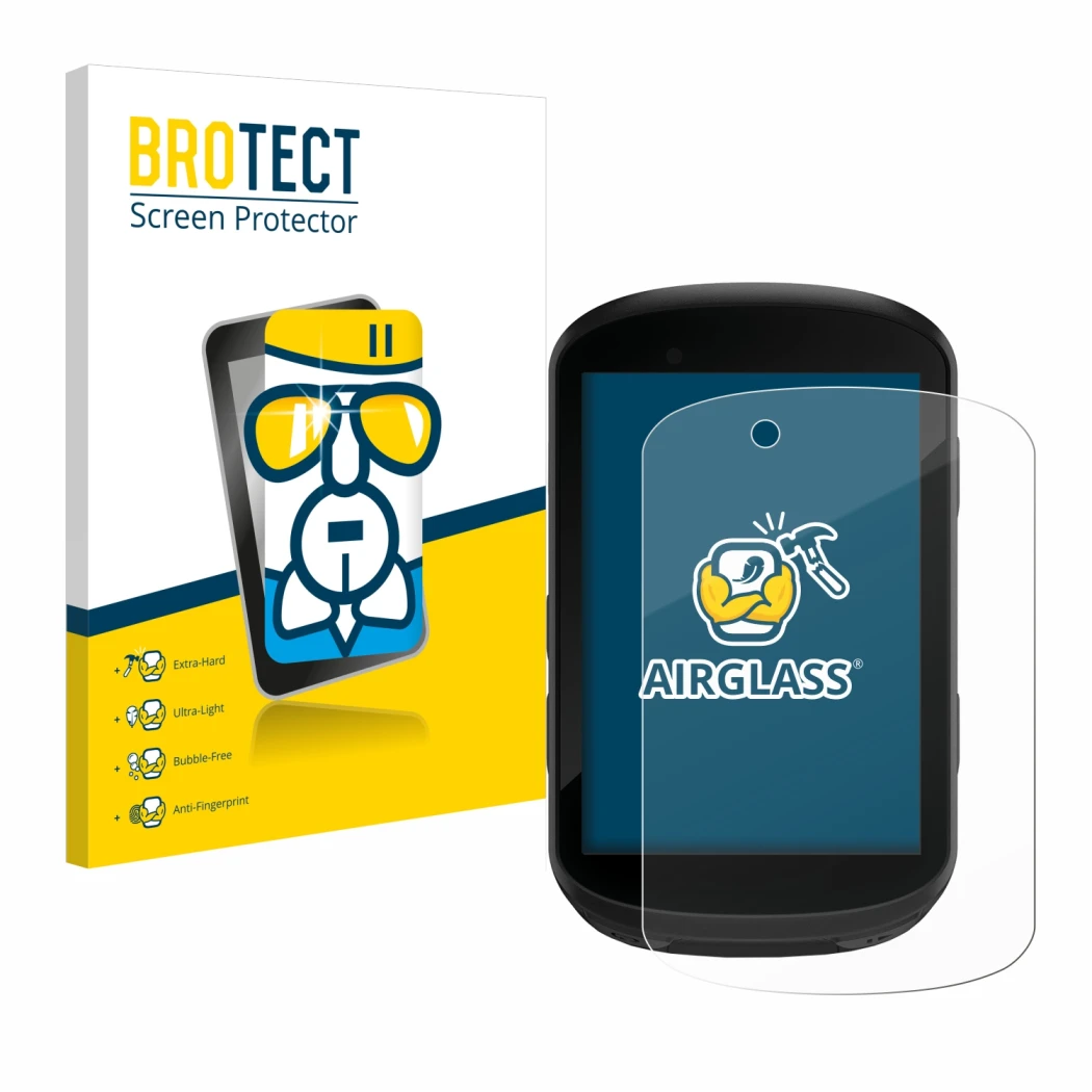 Parte frontale di una confezione del prodotto con il logo del marchio BROTECT. Accanto è raffigurato il dispositivo Garmin Edg