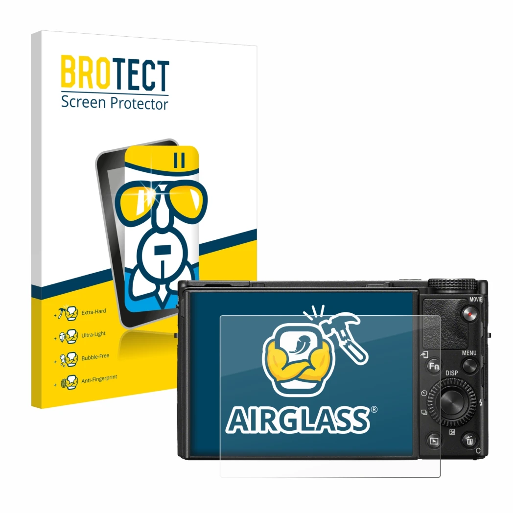 Parte frontale di una confezione del prodotto con il logo del marchio BROTECT. Accanto è raffigurato il dispositivo Sony Cyber