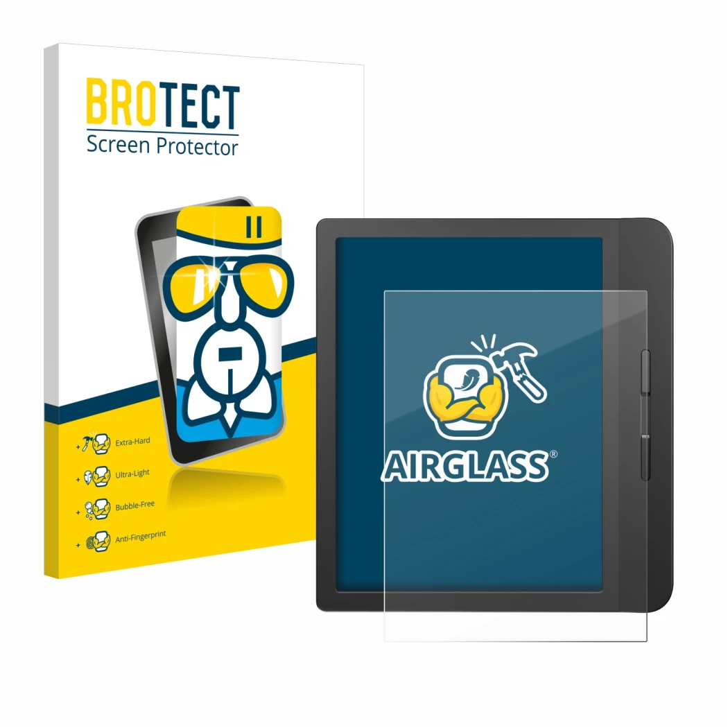 Parte frontale di una confezione del prodotto con il logo del marchio BROTECT. Accanto è raffigurato il dispositivo Tolino Vis