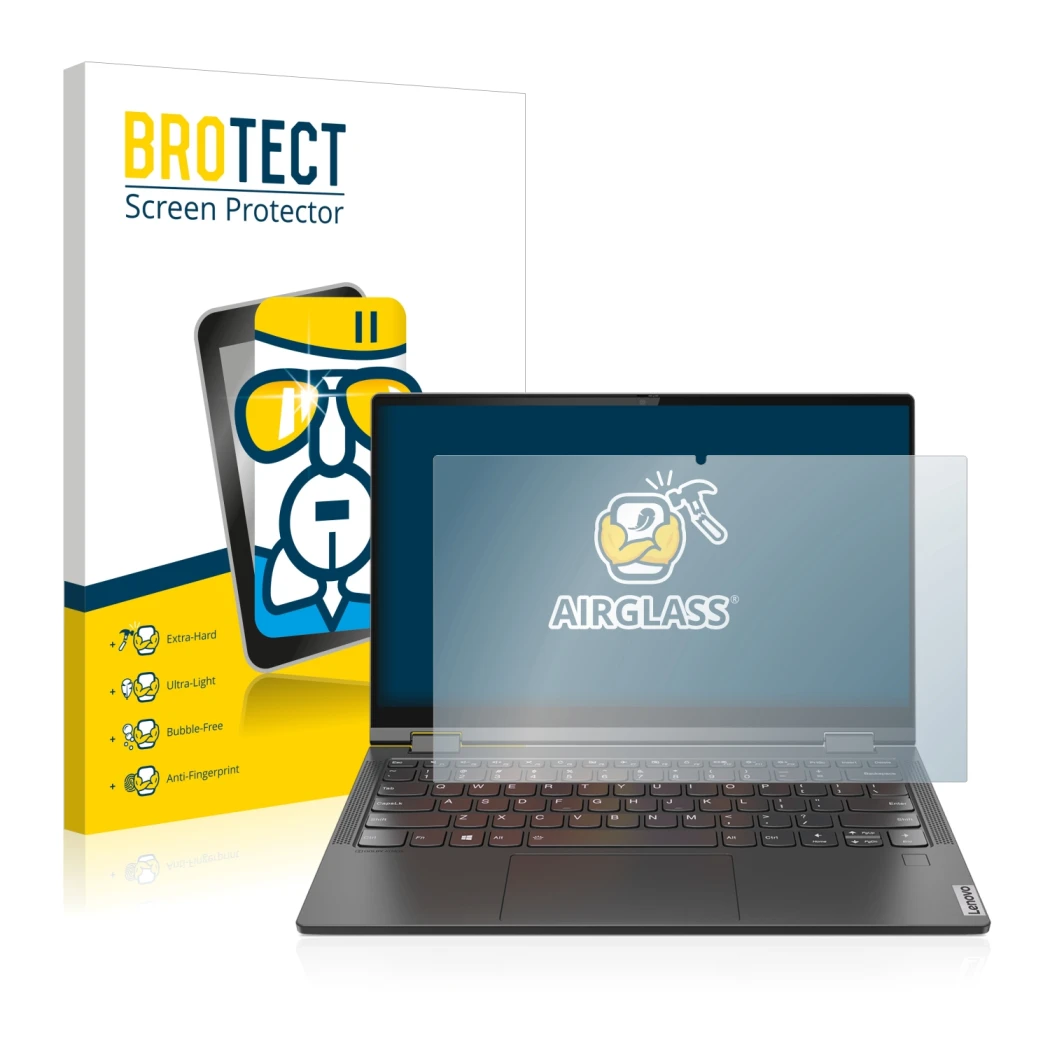 Parte frontale di una confezione del prodotto con il logo del marchio BROTECT. Accanto è raffigurato il dispositivo Lenovo Yog