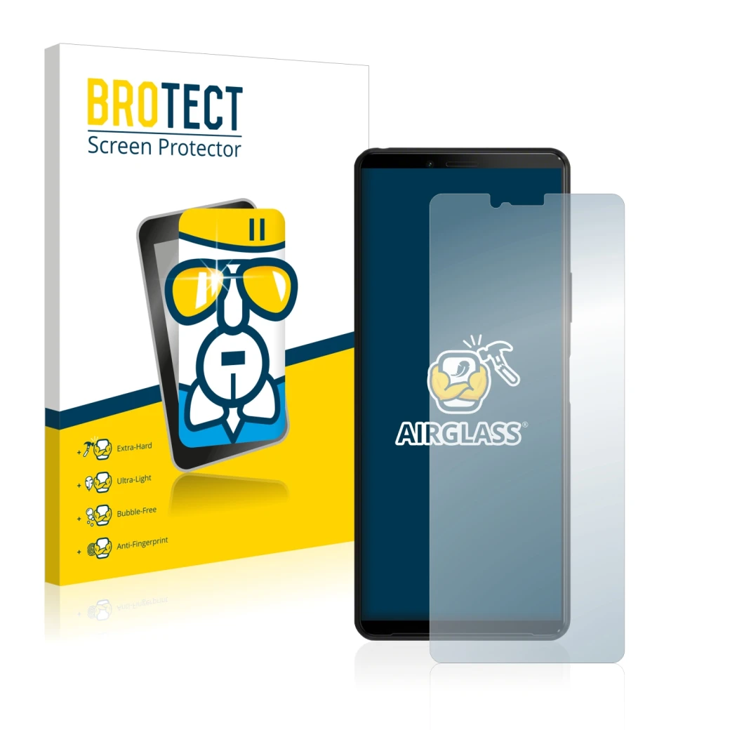 Parte frontale di una confezione del prodotto con il logo del marchio BROTECT. Accanto è raffigurato il dispositivo Sony Xperi