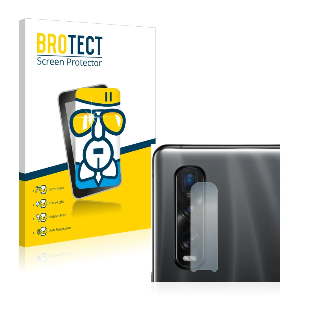 Parte frontale di una confezione del prodotto con il logo del marchio BROTECT. Accanto è raffigurato il dispositivo Oppo Find