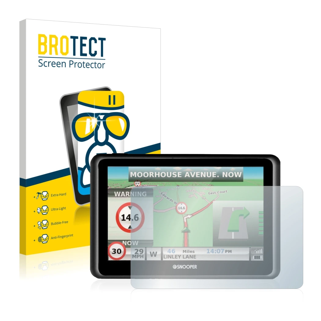 Parte frontale di una confezione del prodotto con il logo del marchio BROTECT. Accanto è raffigurato il dispositivo Snooper Tr