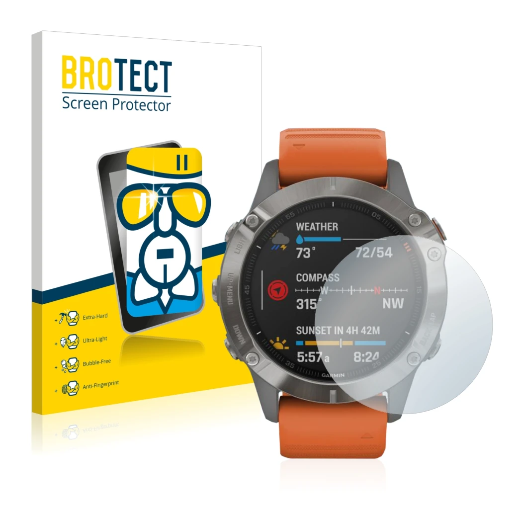 Parte frontale di una confezione del prodotto con il logo del marchio BROTECT. Accanto è raffigurato il dispositivo Garmin Fen