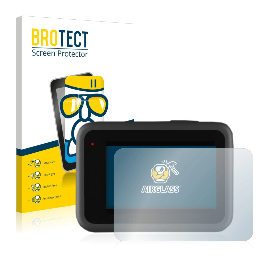 Parte frontale di una confezione del prodotto con il logo del marchio BROTECT. Accanto è raffigurato il dispositivo GoPro Hero