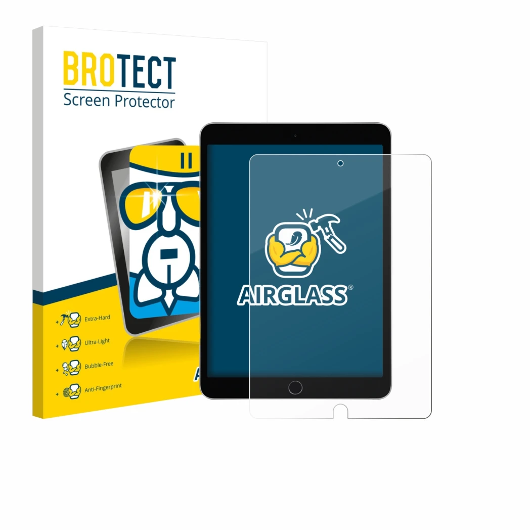 Parte frontale di una confezione del prodotto con il logo del marchio BROTECT. Accanto è raffigurato il dispositivo Apple iPad