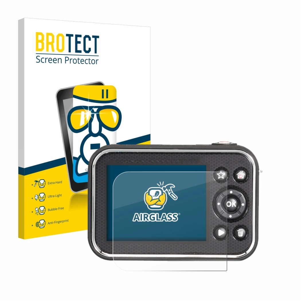 Parte frontale di una confezione del prodotto con il logo del marchio BROTECT. Accanto è raffigurato il dispositivo Vtech Kidi