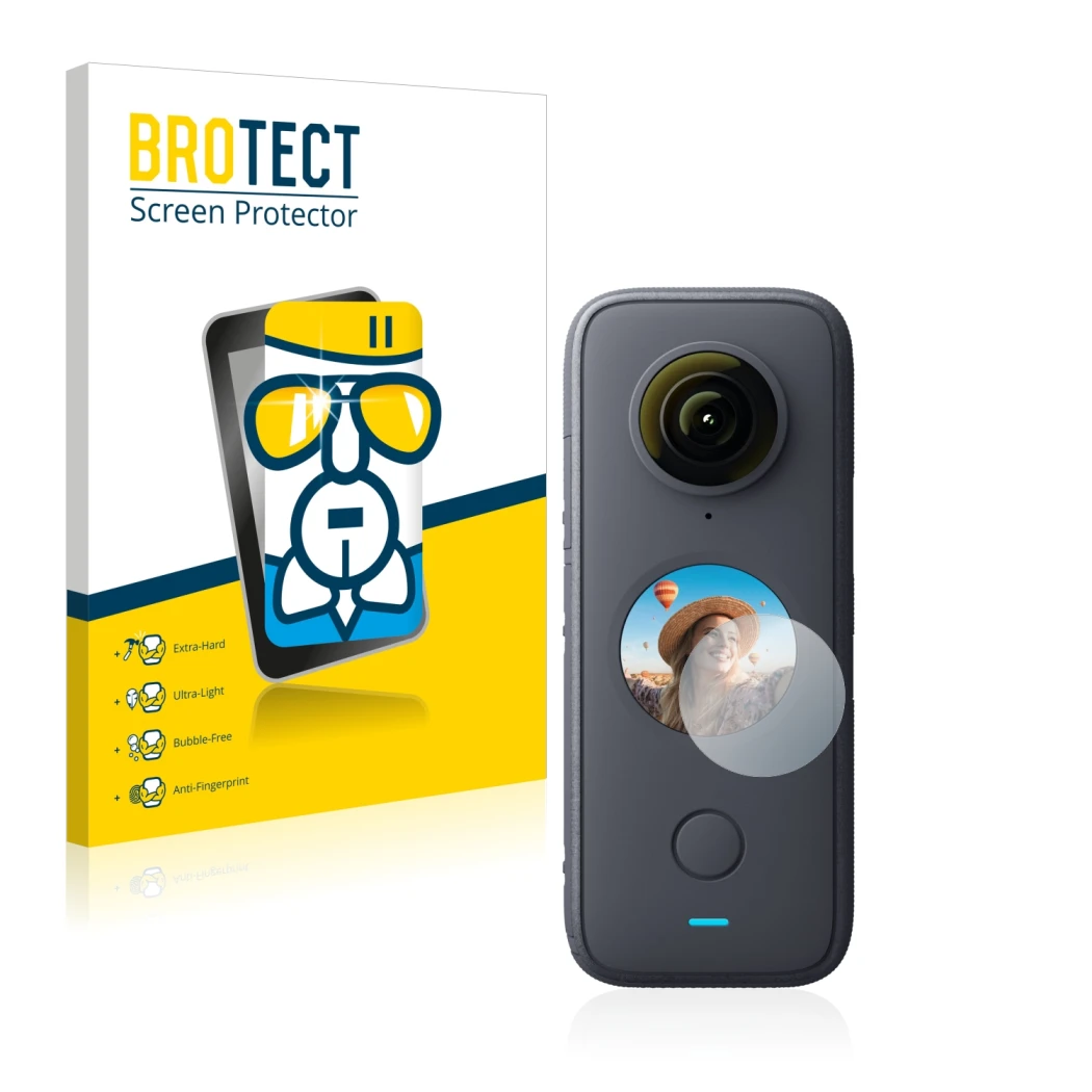 Parte frontale di una confezione del prodotto con il logo del marchio BROTECT. Accanto è raffigurato il dispositivo Insta360 O