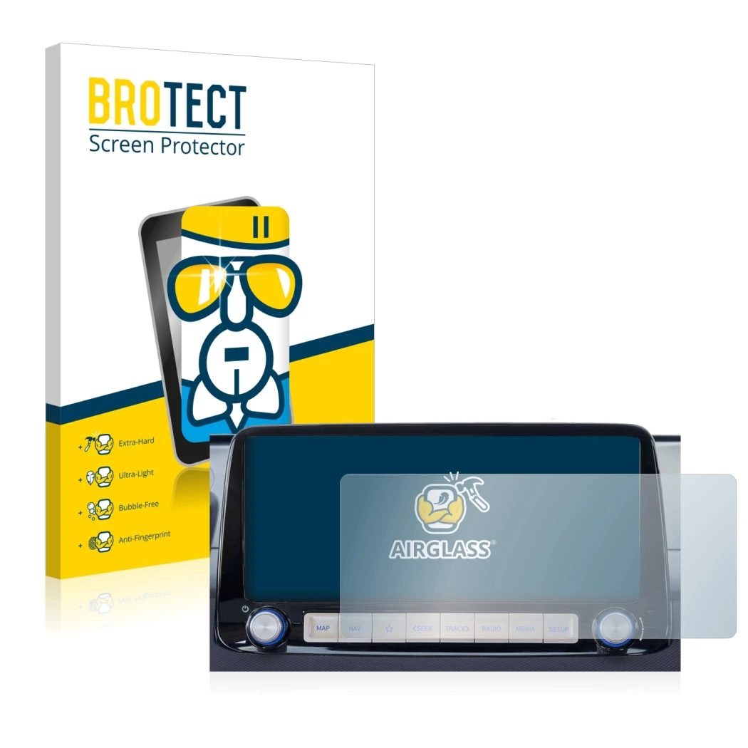 Parte frontale di una confezione del prodotto con il logo del marchio BROTECT. Accanto è raffigurato il dispositivo Hyundai Ko