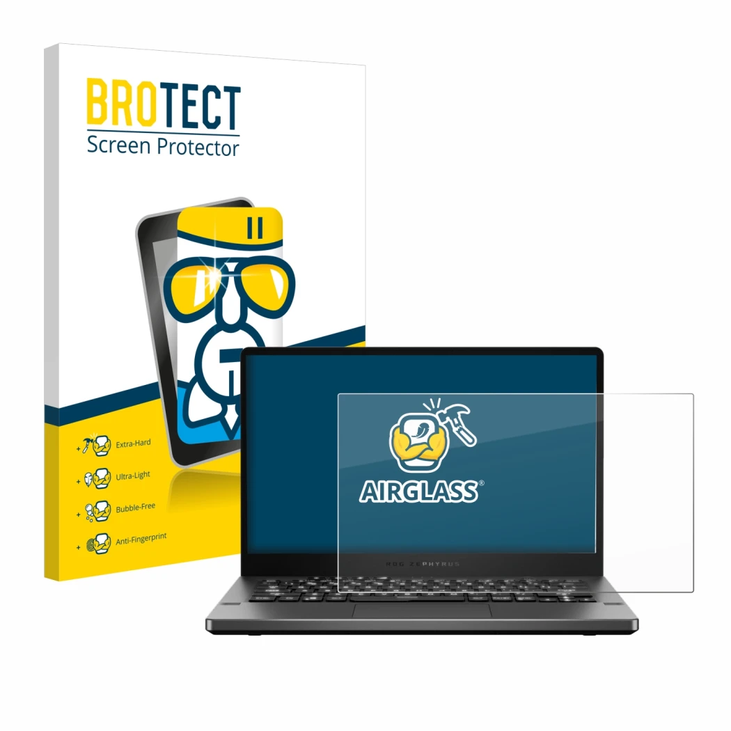 Parte frontale di una confezione del prodotto con il logo del marchio BROTECT. Accanto è raffigurato il dispositivo ASUS ROG Z