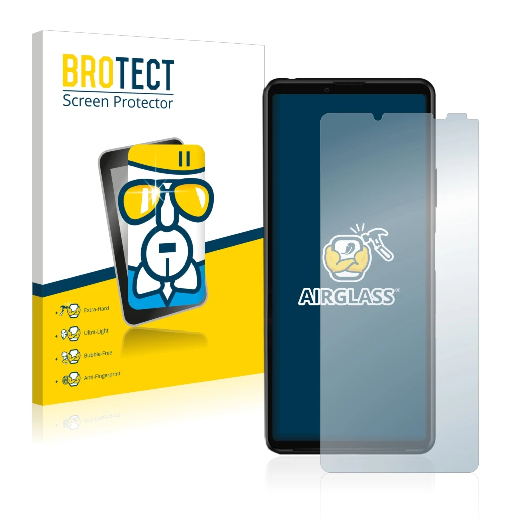 Parte frontale di una confezione del prodotto con il logo del marchio BROTECT. Accanto è raffigurato il dispositivo Sony Xperi