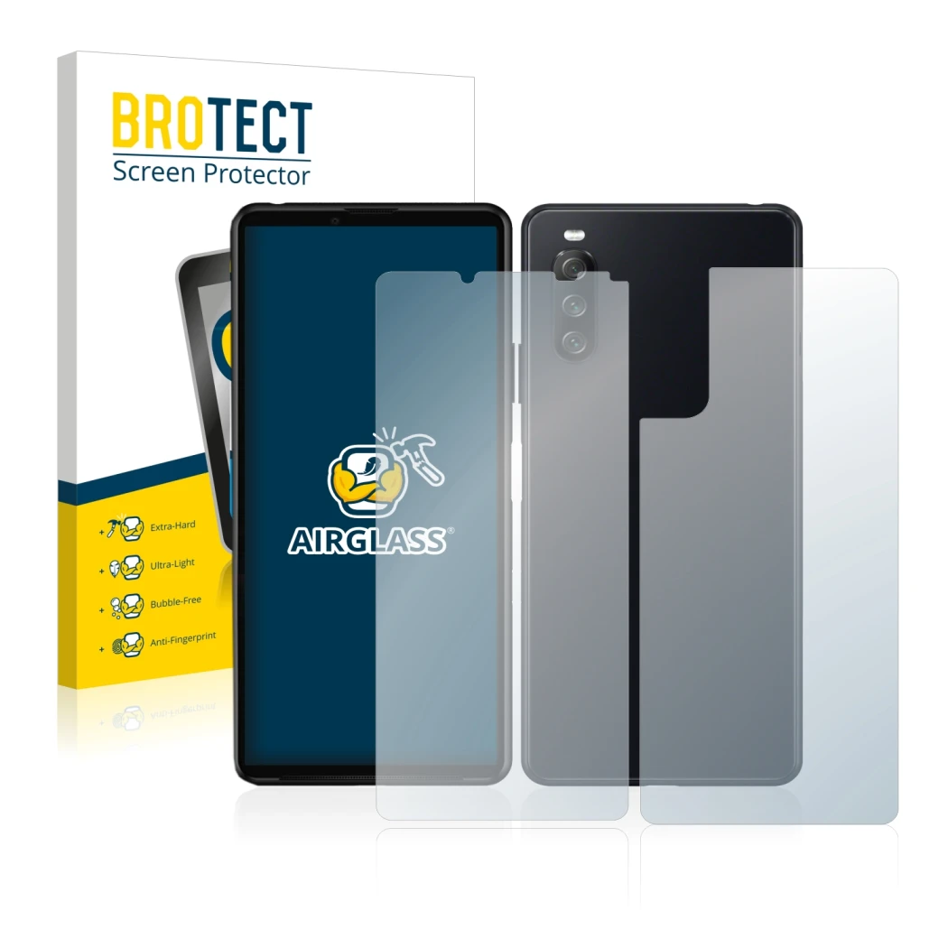 Parte frontale di una confezione del prodotto con il logo del marchio BROTECT. Accanto è raffigurato il dispositivo Sony Xperi