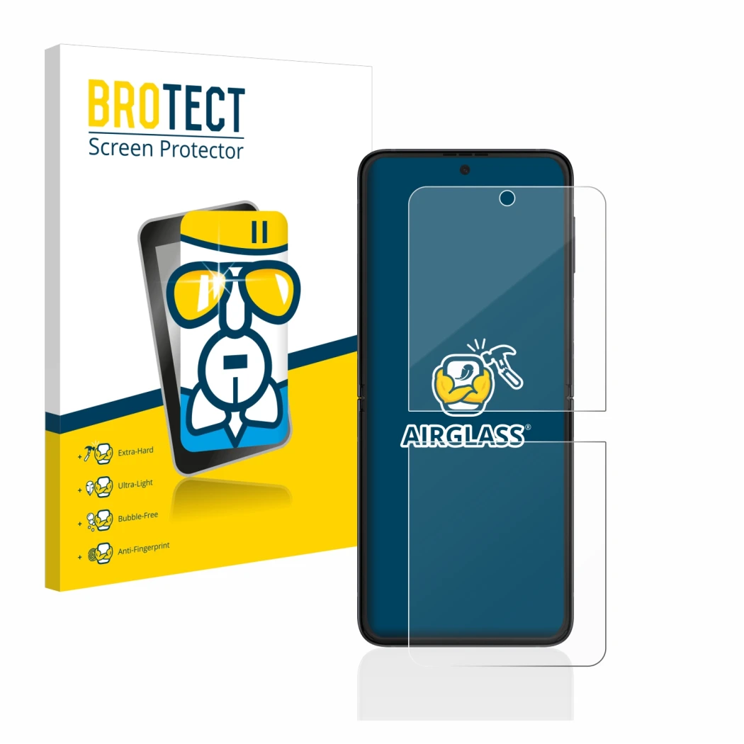 Parte frontale di una confezione del prodotto con il logo del marchio BROTECT. Accanto è raffigurato il dispositivo Samsung Ga