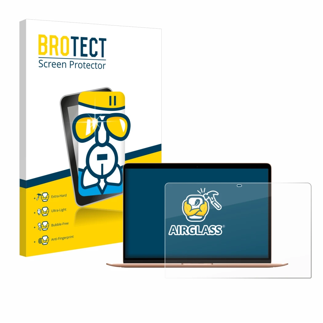 Parte frontale di una confezione del prodotto con il logo del marchio BROTECT. Accanto è raffigurato il dispositivo Apple MacB