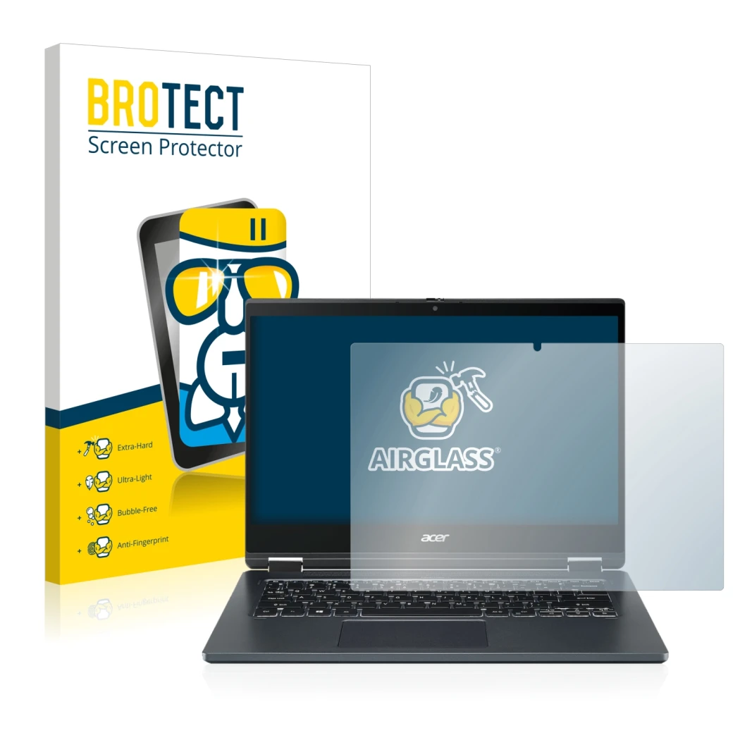 Parte frontale di una confezione del prodotto con il logo del marchio BROTECT. Accanto è raffigurato il dispositivo Acer Trave