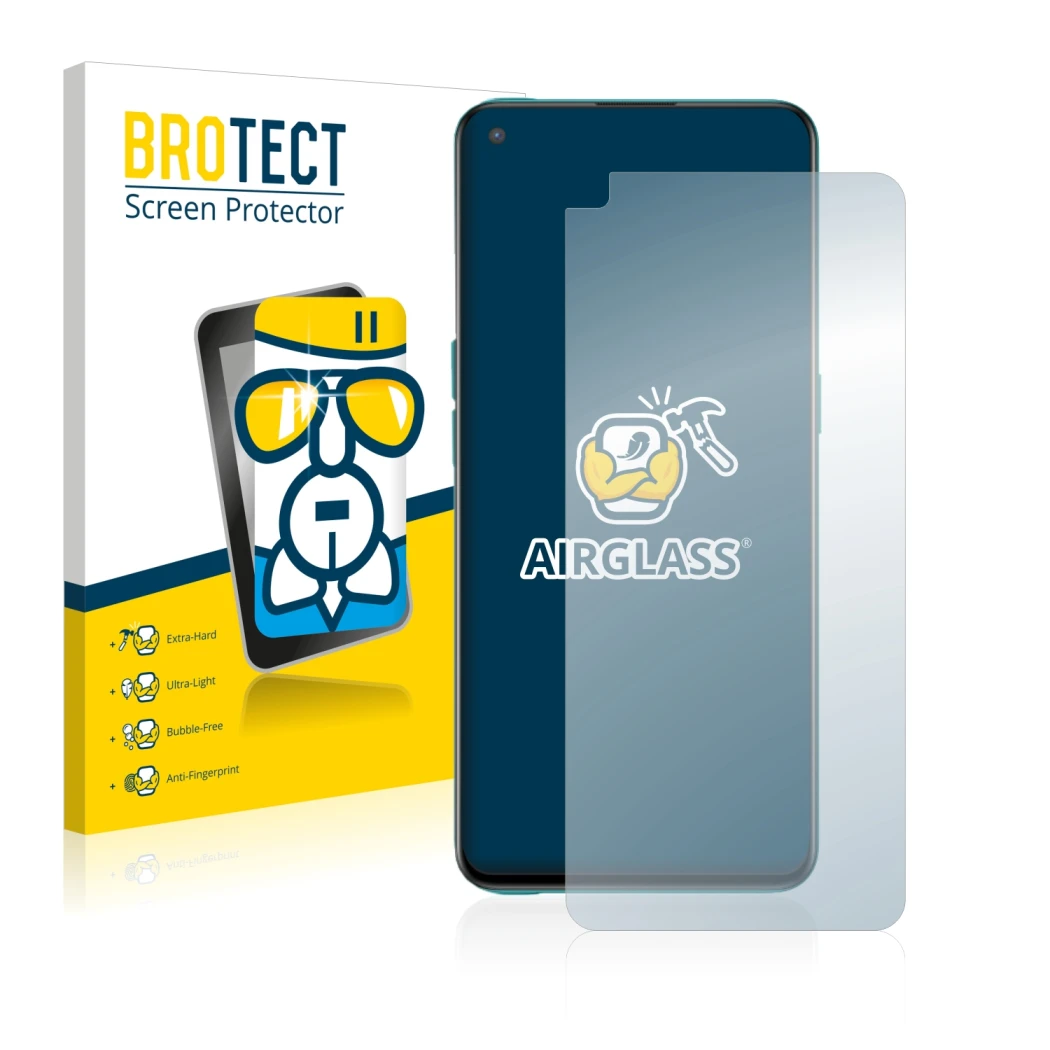 Parte frontale di una confezione del prodotto con il logo del marchio BROTECT. Accanto è raffigurato il dispositivo OnePlus No