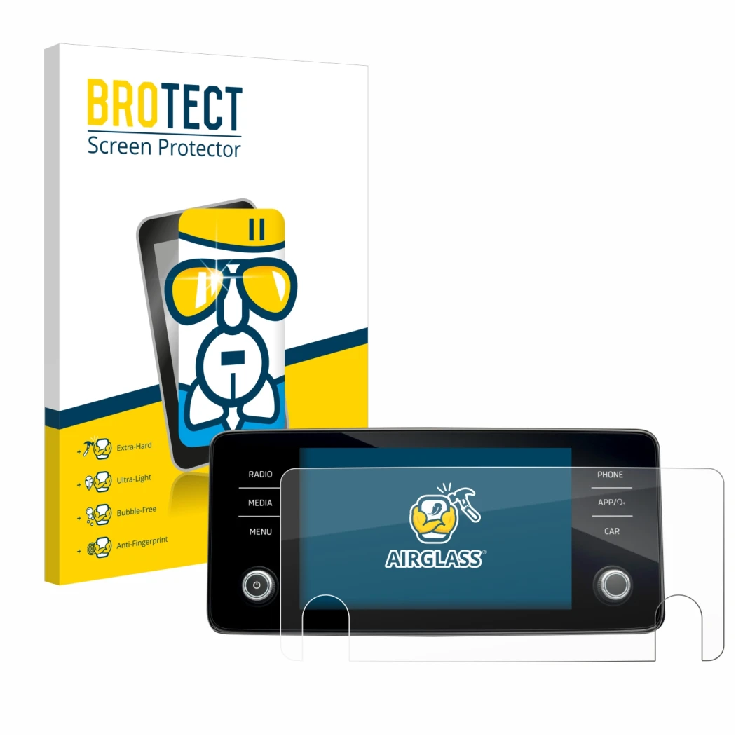 Parte frontale di una confezione del prodotto con il logo del marchio BROTECT. Accanto è raffigurato il dispositivo Skoda Bole