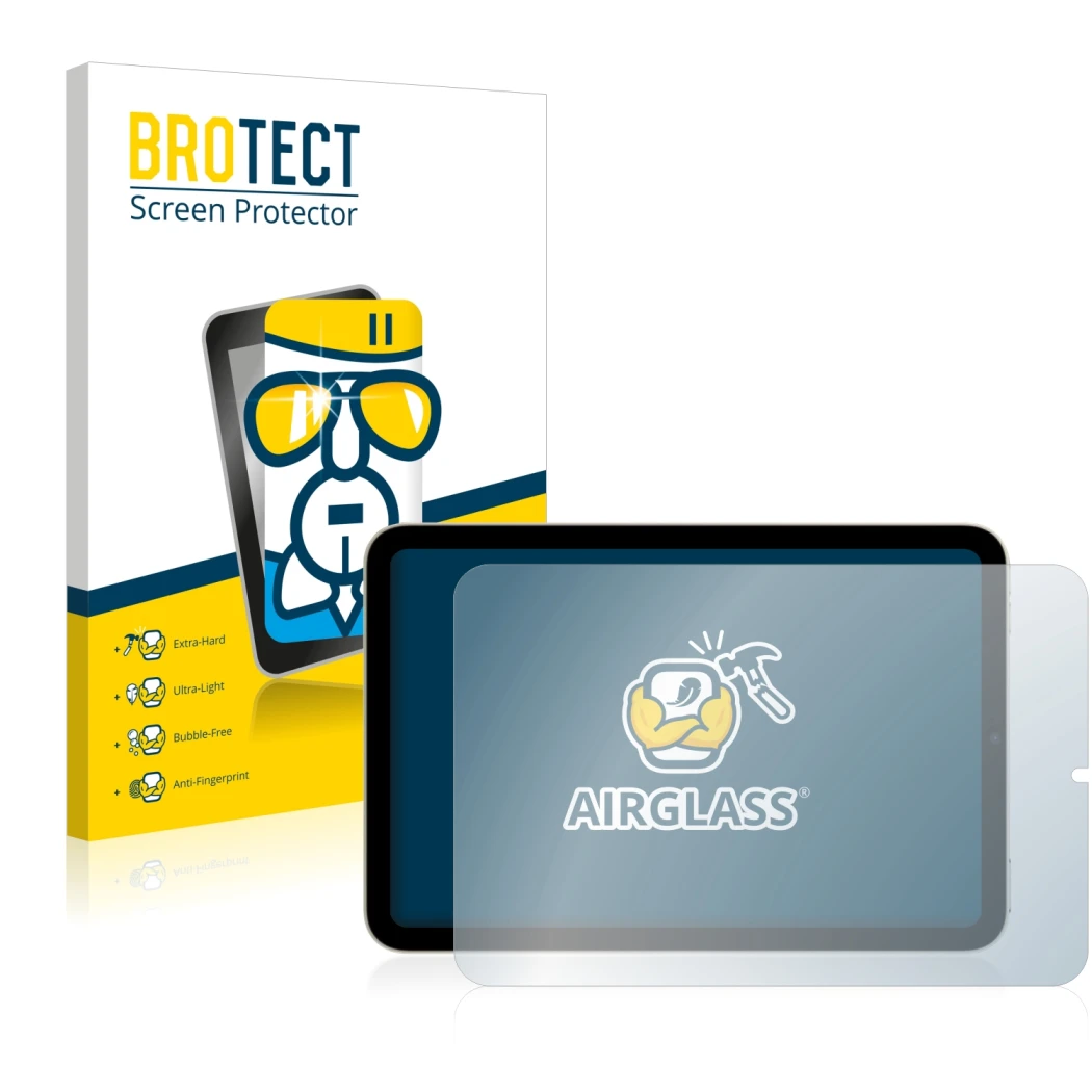 Parte frontale di una confezione del prodotto con il logo del marchio BROTECT. Accanto è raffigurato il dispositivo Apple iPad