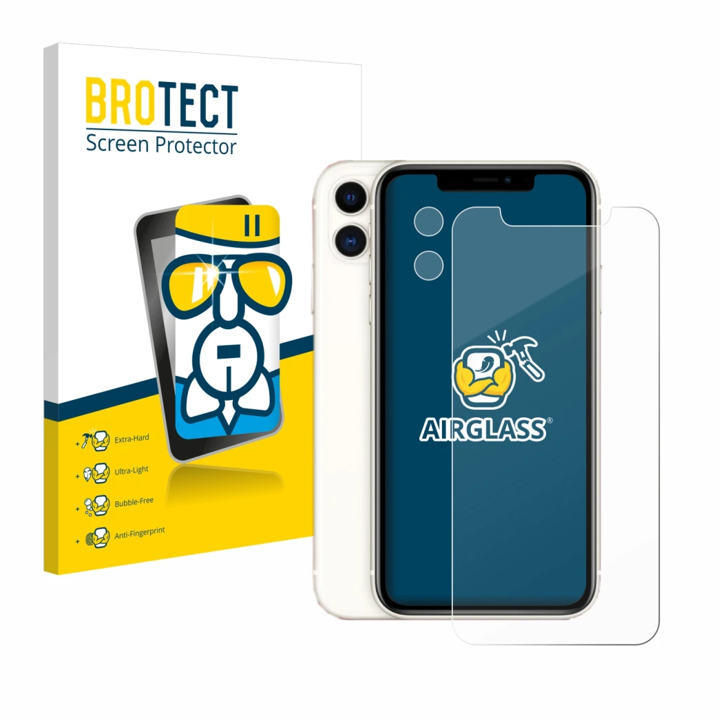 Parte frontale di una confezione del prodotto con il logo del marchio BROTECT. Accanto è raffigurato il dispositivo Apple iPho