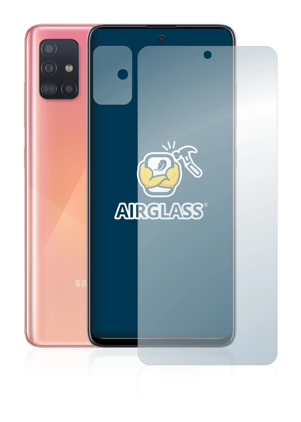 Immagine del dispositivo Samsung Galaxy A51 (Fronte+Fotocamera) con un'ampia varietà di protezioni per lo schermo.