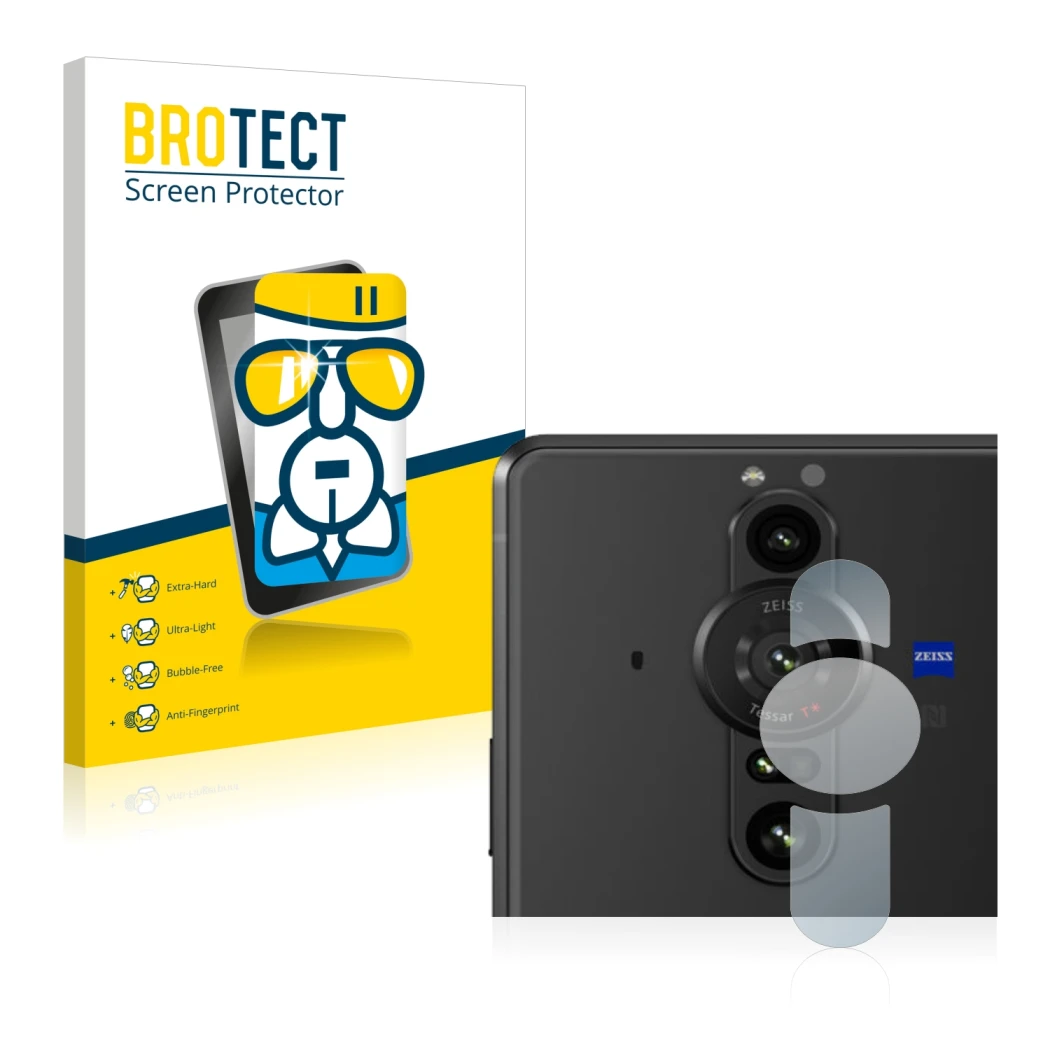 Parte frontale di una confezione del prodotto con il logo del marchio BROTECT. Accanto è raffigurato il dispositivo Sony Xperi