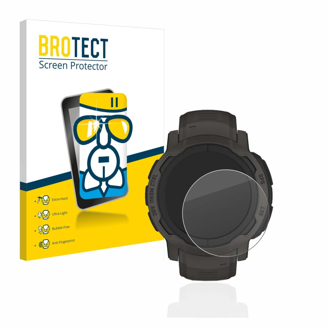 Parte frontale di una confezione del prodotto con il logo del marchio BROTECT. Accanto è raffigurato il dispositivo Garmin Ins