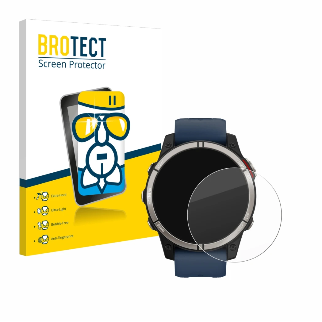 Parte frontale di una confezione del prodotto con il logo del marchio BROTECT. Accanto è raffigurato il dispositivo Garmin qua