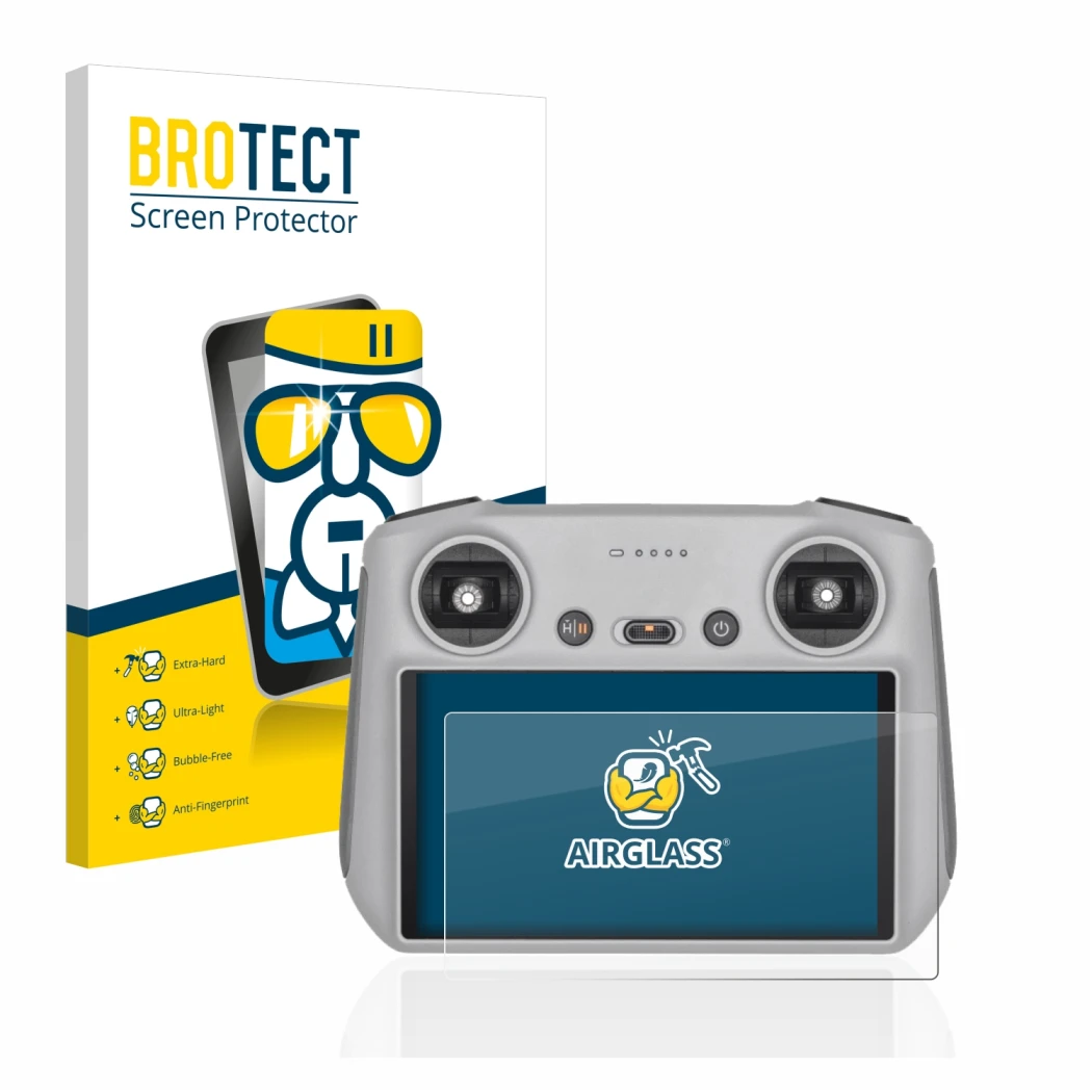 Parte frontale di una confezione del prodotto con il logo del marchio BROTECT. Accanto è raffigurato il dispositivo DJI RC Con
