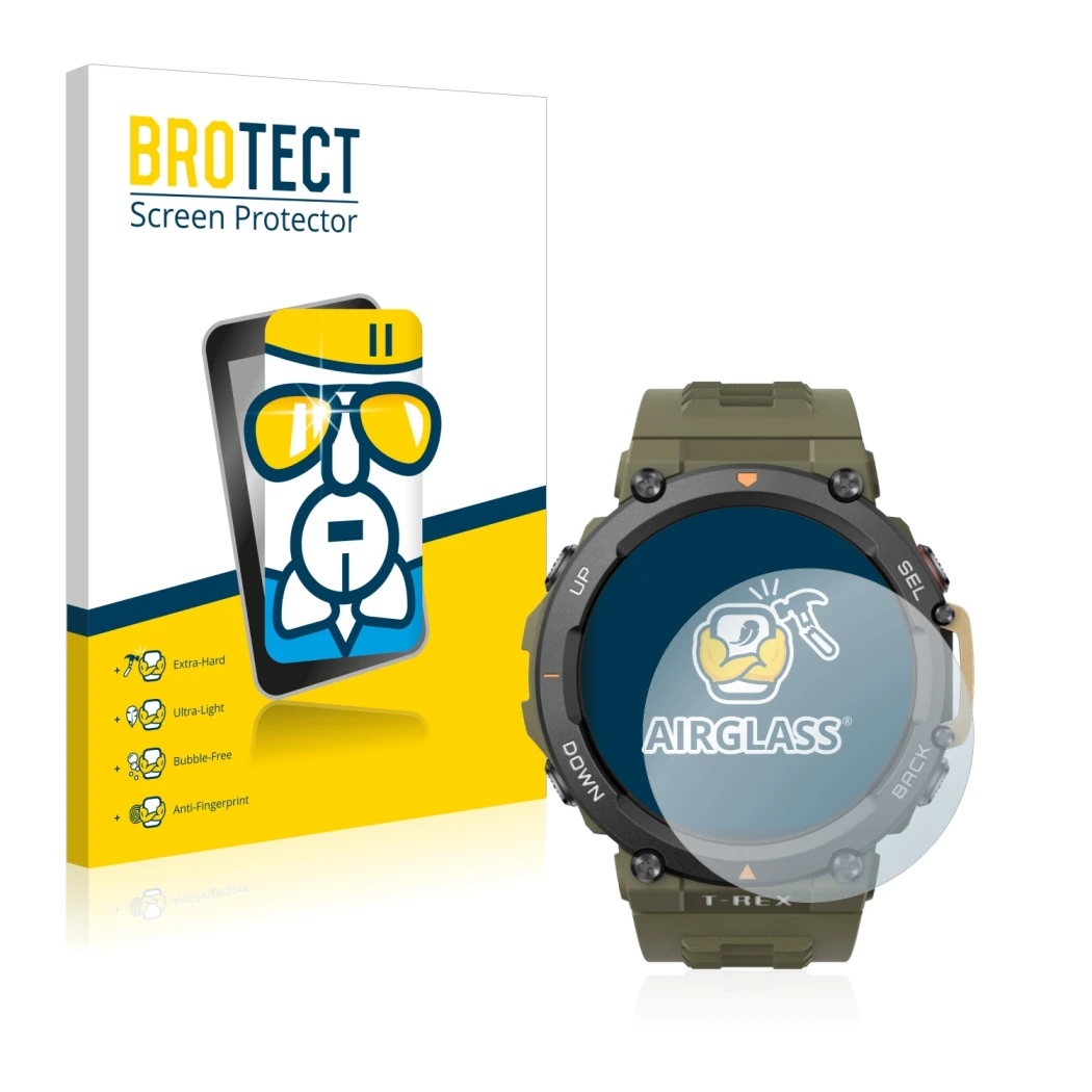 Parte frontale di una confezione del prodotto con il logo del marchio BROTECT. Accanto è raffigurato il dispositivo Huami Amaz