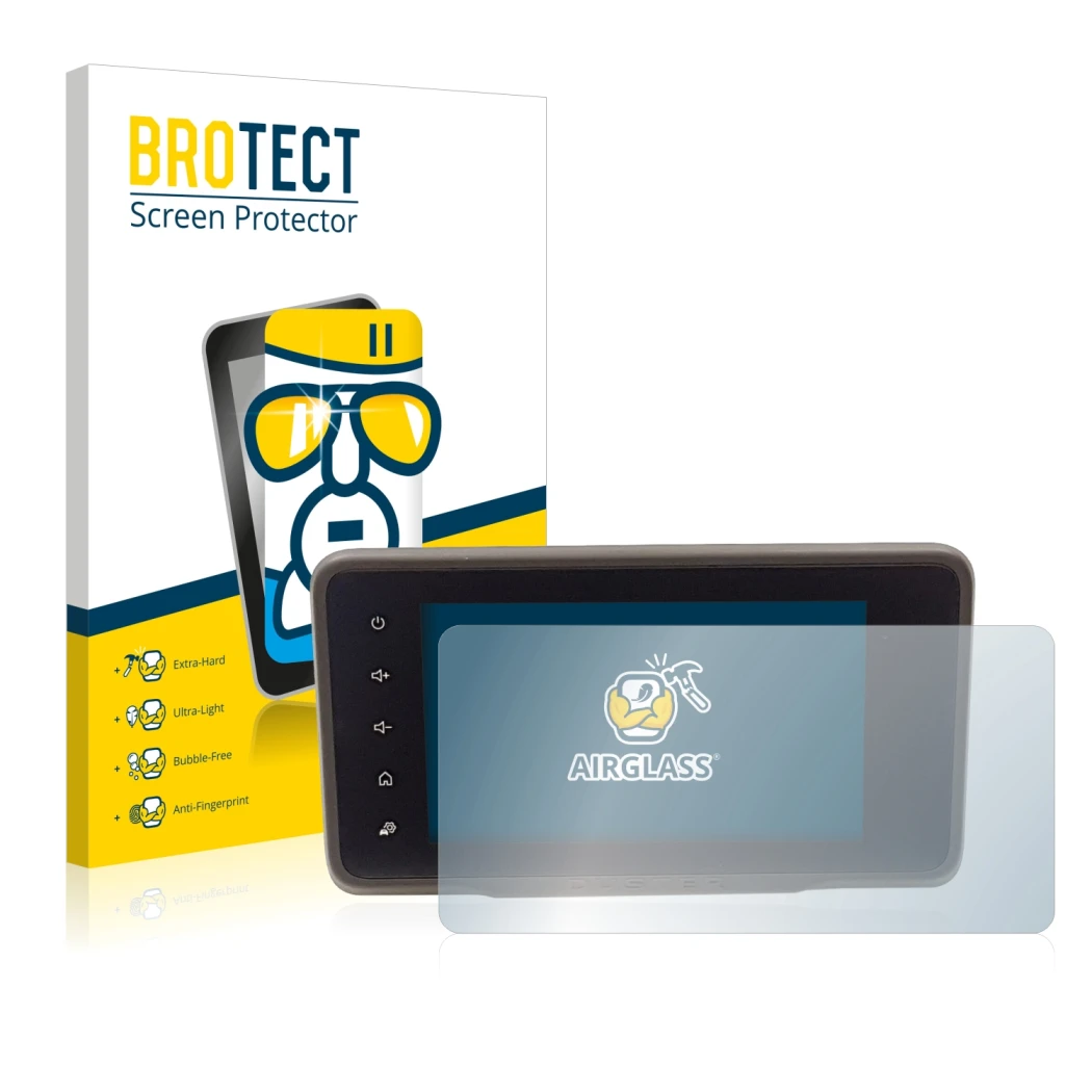 Parte frontale di una confezione del prodotto con il logo del marchio BROTECT. Accanto è raffigurato il dispositivo Dacia Dust