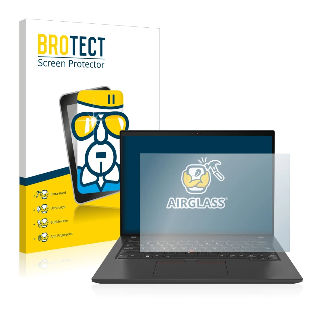 Parte frontale di una confezione del prodotto con il logo del marchio BROTECT. Accanto è raffigurato il dispositivo Lenovo Thi