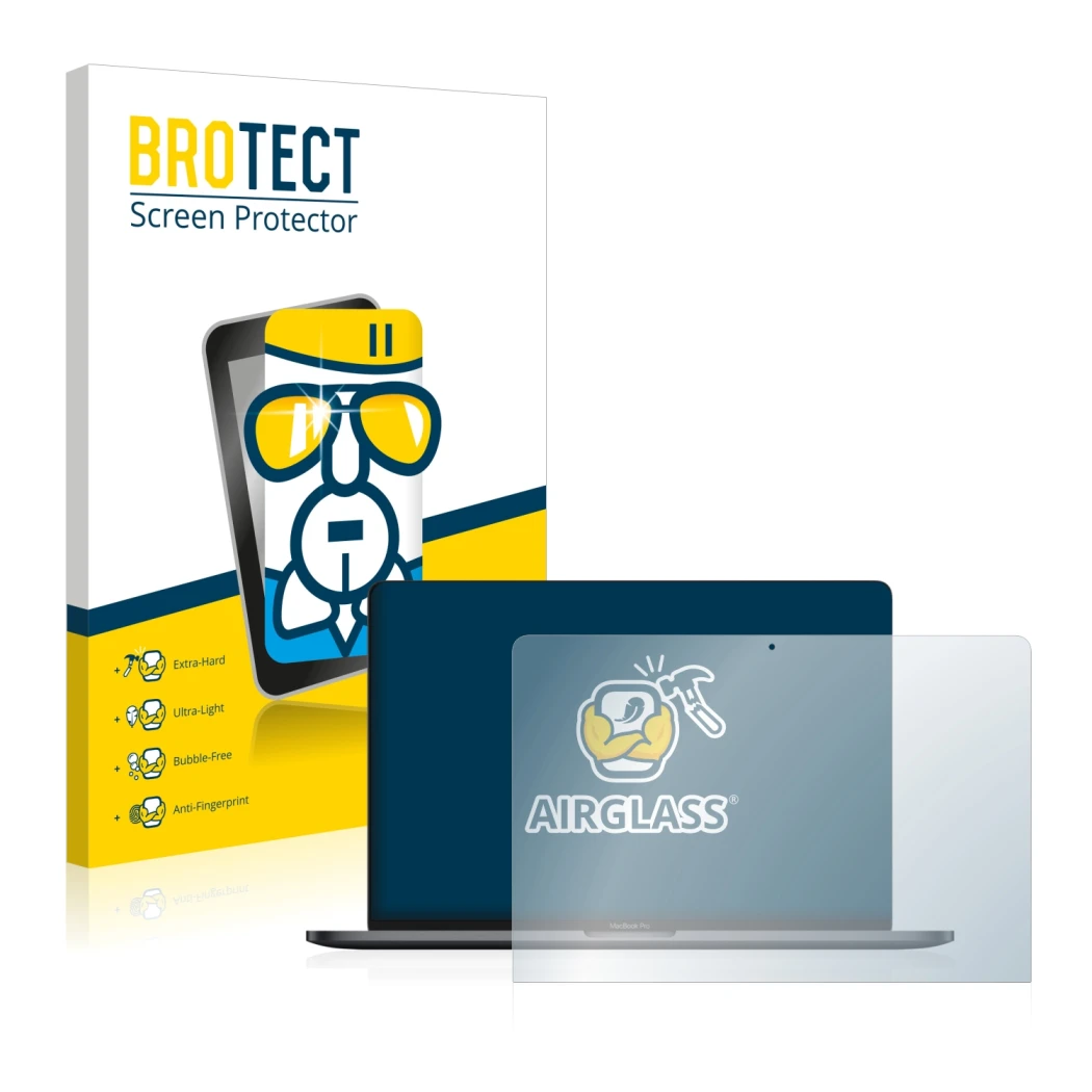 Parte frontale di una confezione del prodotto con il logo del marchio BROTECT. Accanto è raffigurato il dispositivo Apple MacB