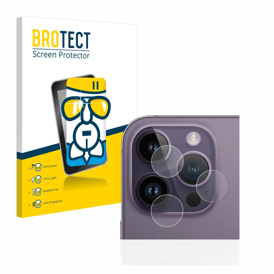 Parte frontale di una confezione del prodotto con il logo del marchio BROTECT. Accanto è raffigurato il dispositivo Apple iPho