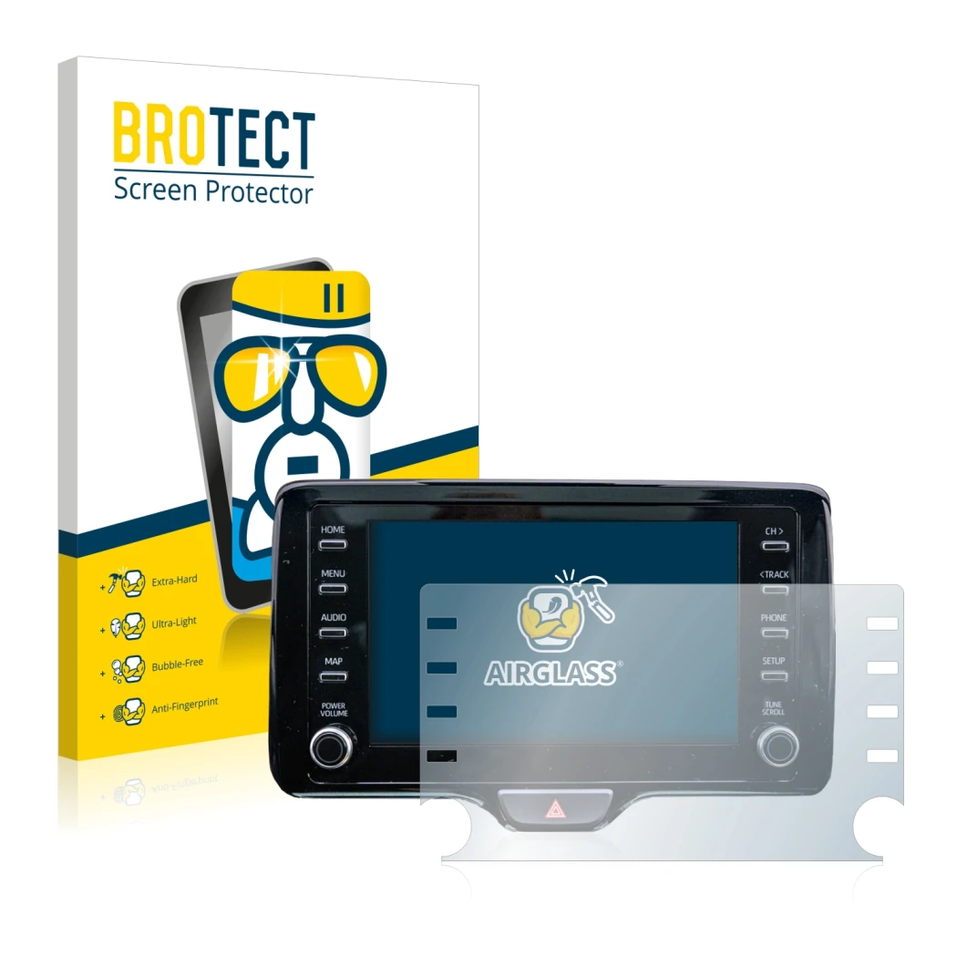 Parte frontale di una confezione del prodotto con il logo del marchio BROTECT. Accanto è raffigurato il dispositivo Toyota Yar