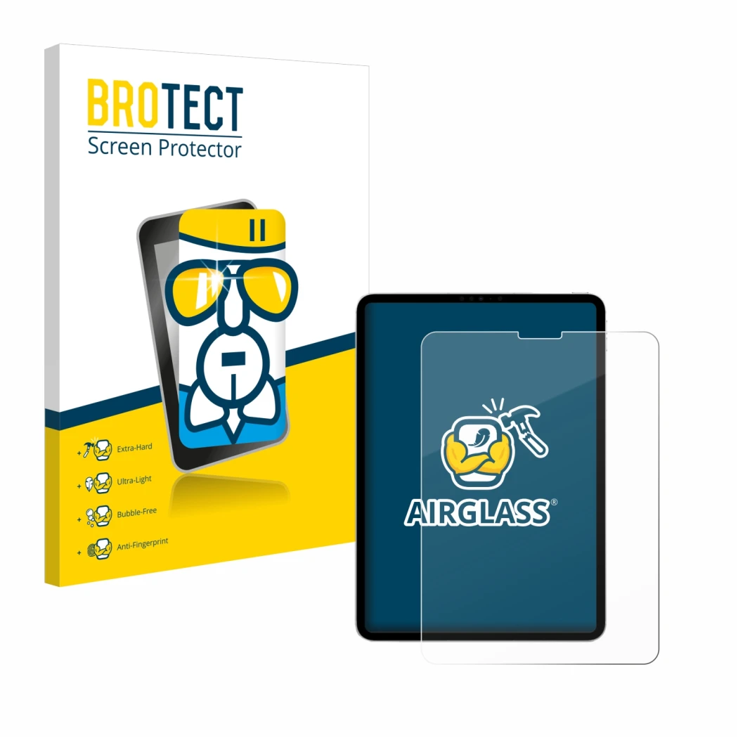 Parte frontale di una confezione del prodotto con il logo del marchio BROTECT. Accanto è raffigurato il dispositivo Apple iPad