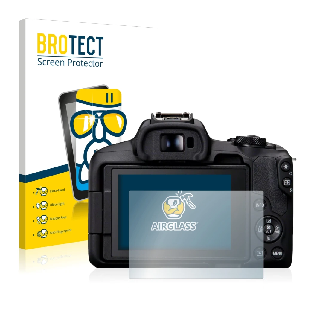 Parte frontale di una confezione del prodotto con il logo del marchio BROTECT. Accanto è raffigurato il dispositivo Canon EOS 