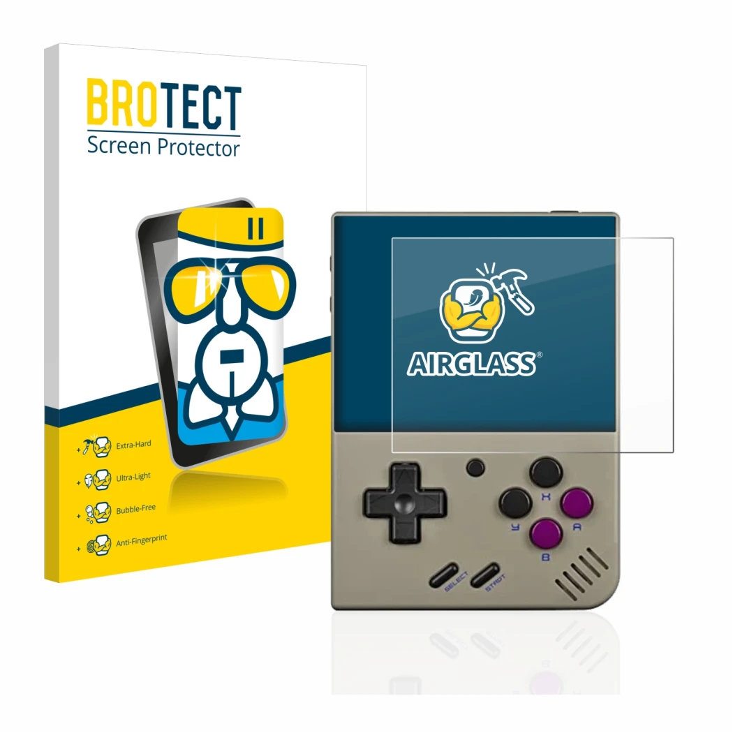 Parte frontale di una confezione del prodotto con il logo del marchio BROTECT. Accanto è raffigurato il dispositivo Miyoo Mini