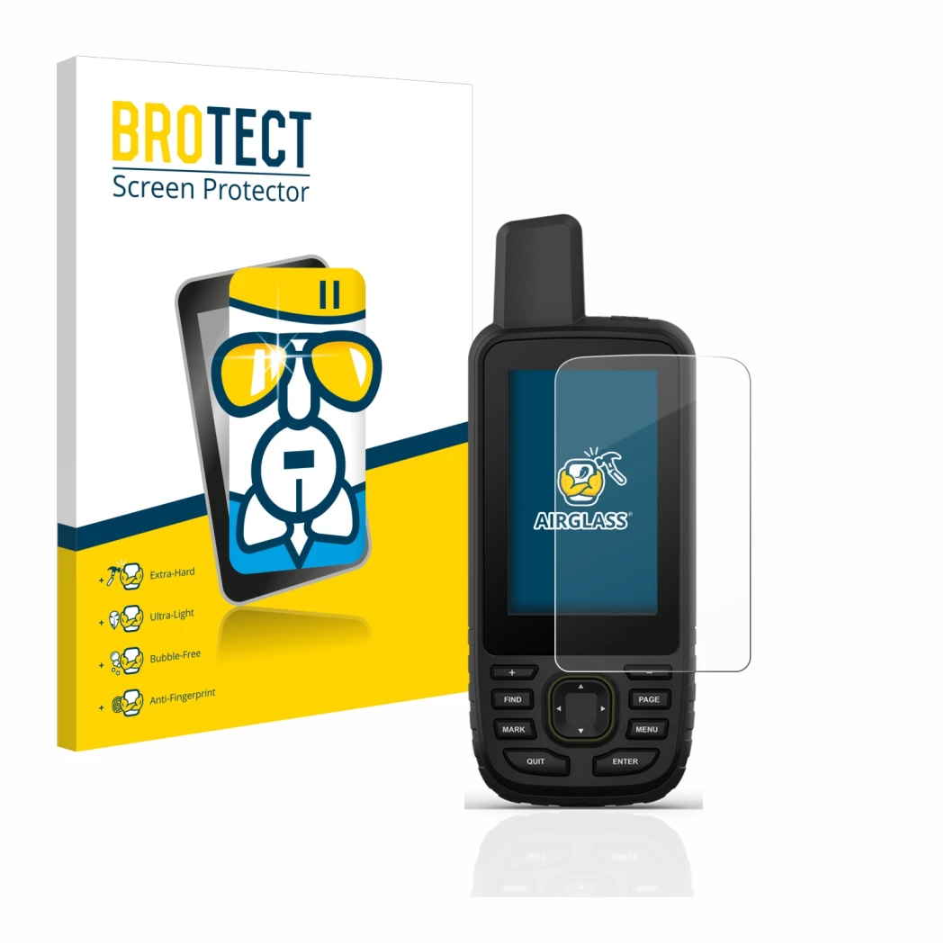 Parte frontale di una confezione del prodotto con il logo del marchio BROTECT. Accanto è raffigurato il dispositivo Garmin GPS