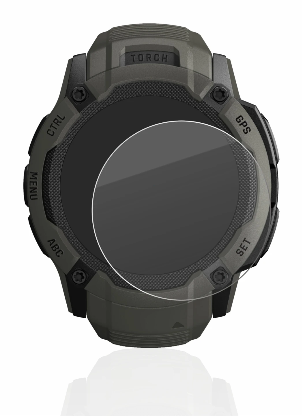 Immagine del dispositivo Garmin Instinct 2X Solar con un'ampia varietà di protezioni per lo schermo.