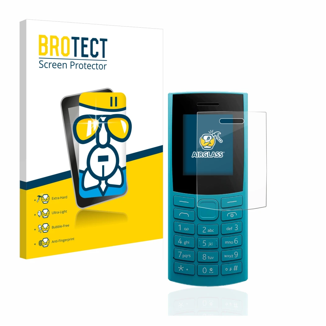 Parte frontale di una confezione del prodotto con il logo del marchio BROTECT. Accanto è raffigurato il dispositivo Nokia 105