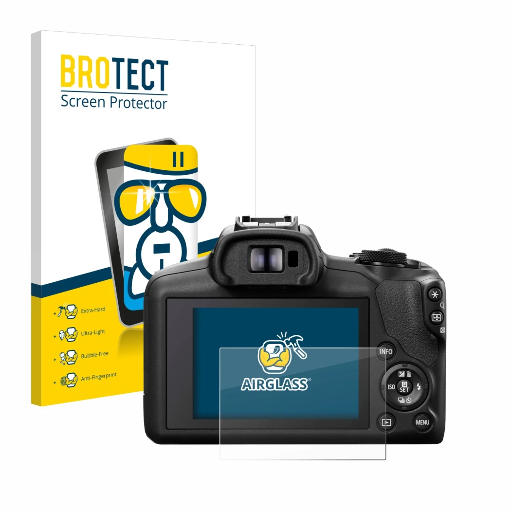 Parte frontale di una confezione del prodotto con il logo del marchio BROTECT. Accanto è raffigurato il dispositivo Canon EOS 