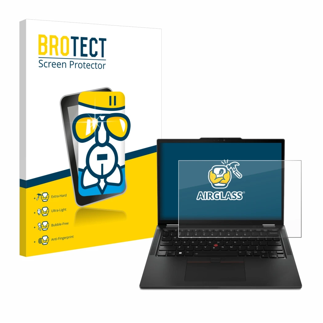 Parte frontale di una confezione del prodotto con il logo del marchio BROTECT. Accanto è raffigurato il dispositivo Lenovo Thi