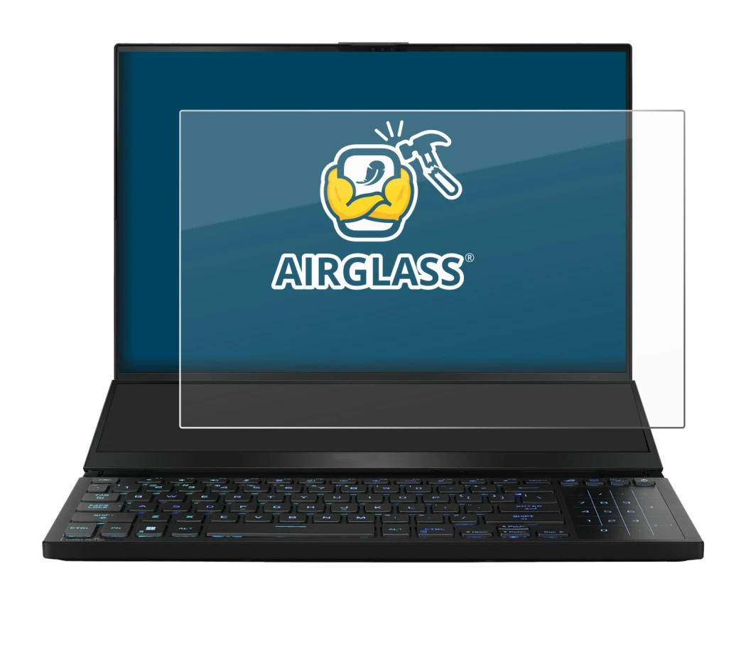 Immagine del dispositivo ASUS ROG Zephyrus Duo 16 2023 con un'ampia varietà di protezioni per lo schermo.