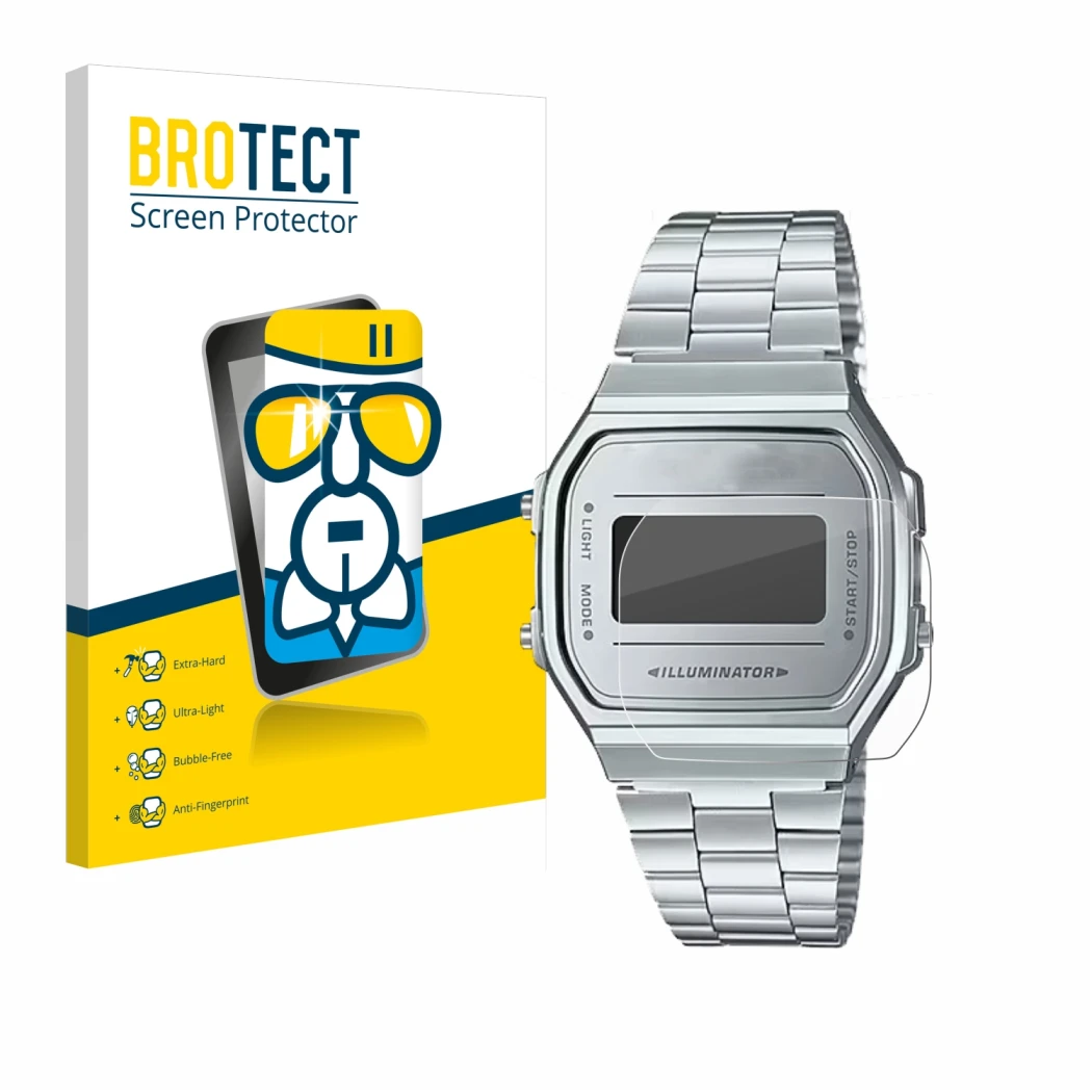 Parte frontale di una confezione del prodotto con il logo del marchio BROTECT. Accanto è raffigurato il dispositivo Casio A168
