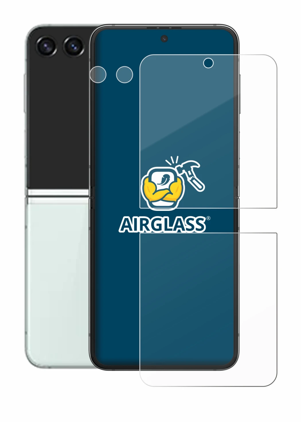 Immagine del dispositivo Samsung Galaxy Z Flip 5 (Fronte+Fotocamera) con un'ampia varietà di protezioni per lo schermo.