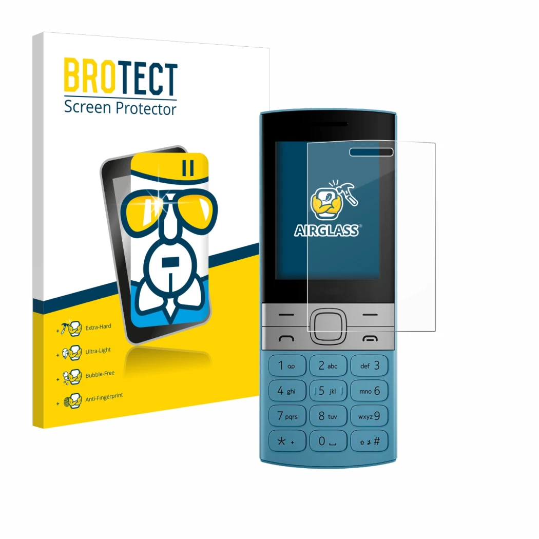 Parte frontale di una confezione del prodotto con il logo del marchio BROTECT. Accanto è raffigurato il dispositivo Nokia 150