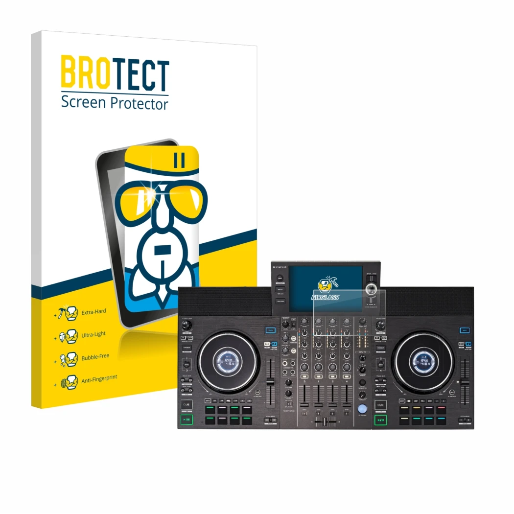 Parte frontale di una confezione del prodotto con il logo del marchio BROTECT. Accanto è raffigurato il dispositivo Denon DJ S