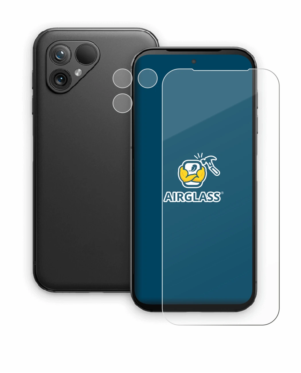 Immagine del dispositivo Fairphone 5 (Fronte+Fotocamera) con un'ampia varietà di protezioni per lo schermo.