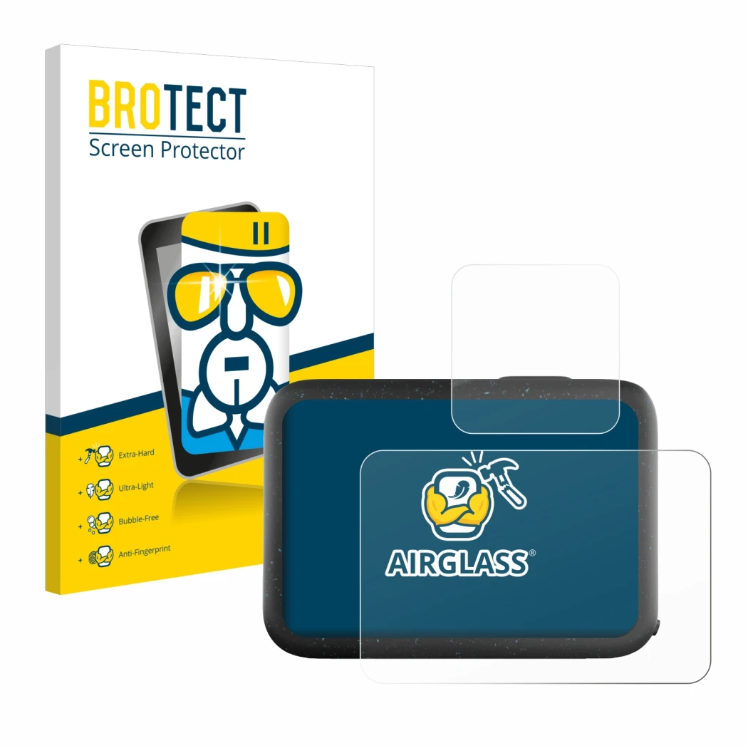 Parte frontale di una confezione del prodotto con il logo del marchio BROTECT. Accanto è raffigurato il dispositivo GoPro Hero