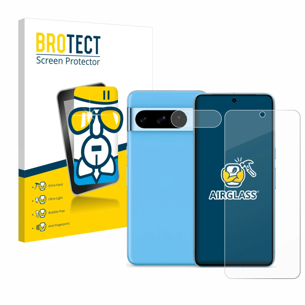 Parte frontale di una confezione del prodotto con il logo del marchio BROTECT. Accanto è raffigurato il dispositivo Google Pix